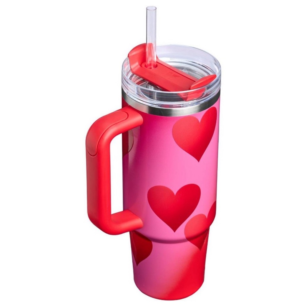 Stanley Pink and Red Heart Tumbler with Straw